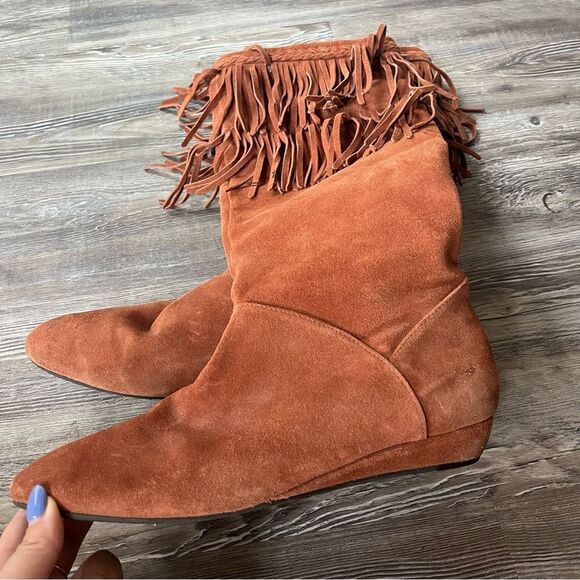 Gianni Bini rust suede knee high tall slouchy fringed boots with 1" wedge - Picture 6 of 14